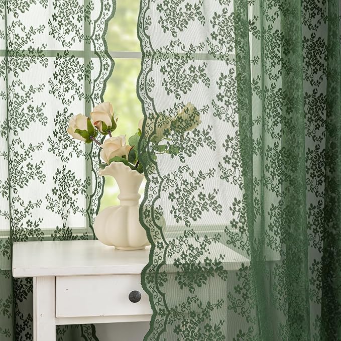 YJ YANJUN Vintage Lace Curtains 84 Inches Long- Country Olive Green Boho Sheer - Image 2