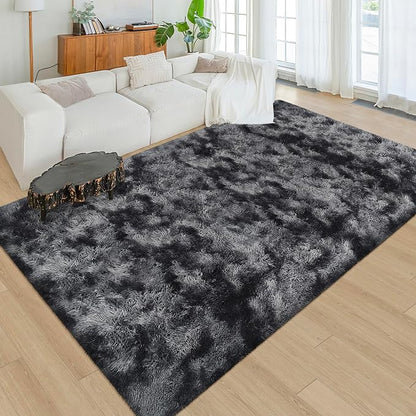 Black Grey Tie-Dyed Rug for Living Room 5x8 Fluffy Area Rug Mat Bedside Throw - Image 2