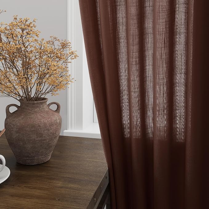 Rustic Brown Linen Curtains 84 Inch Length 2 Panels Set - Image 4