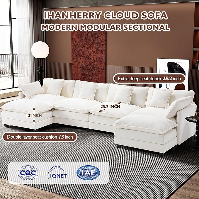 Ihanherry 146" U-Shaped Modern Sofa Modular Sectional Cloud Couch - Image 2