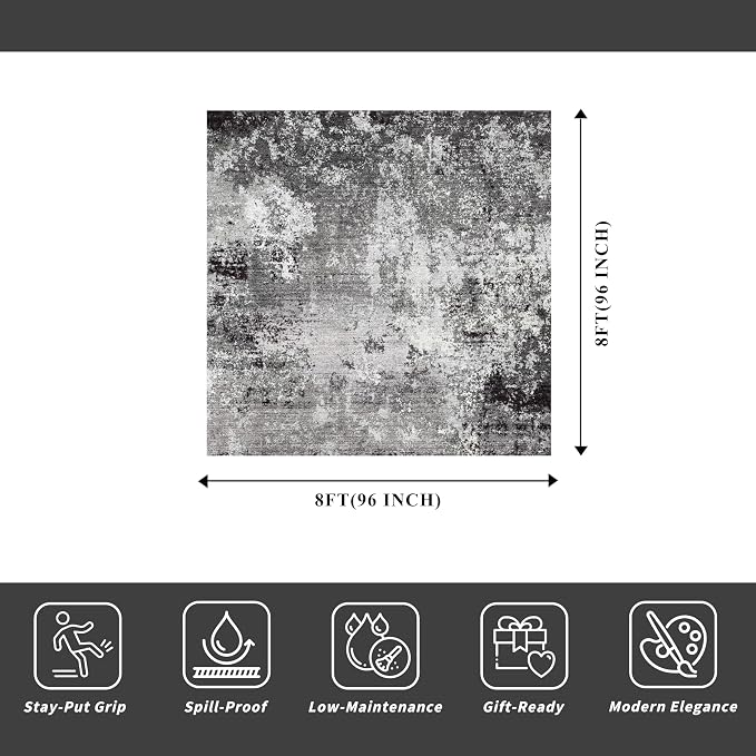8x8 Square Living Room Area Rug – Washable Modern Neutral Abstract Indoor Rug - Image 2