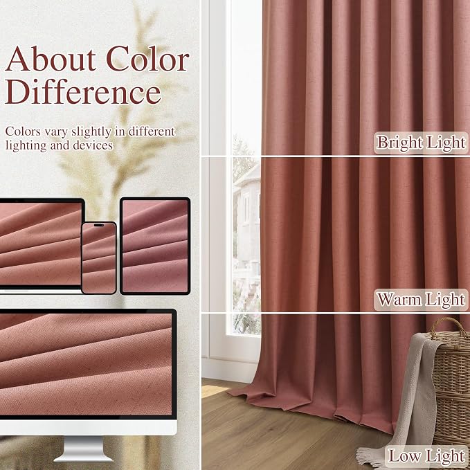 Dusty Rose 100% Blackout Linen Curtains 108 Inch Length 2 Panels Set - Image 7