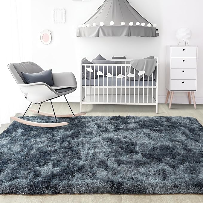 4x6 Tie-Dyed Blue and Grey Fluffy Soft Area Rug Non-Slip - Image 7