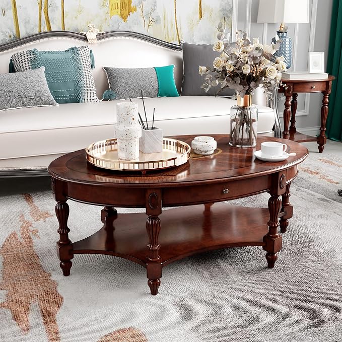 LEEMTORIG Oval Round End Table, 2-Tier Cherry Wood End Table Solid Wood Side - Image 8
