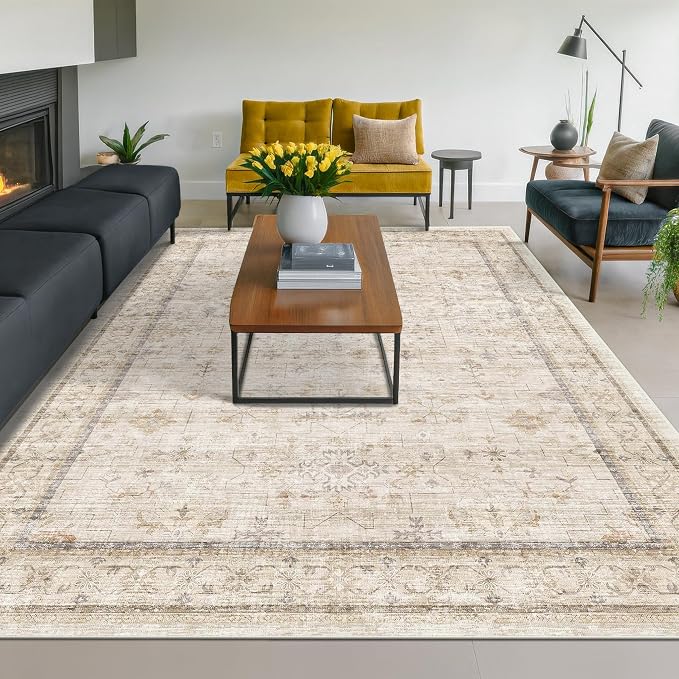 Washable Ivory Beige Living Room Rug, 8x12 Non Slip Area Rugs - Image 3