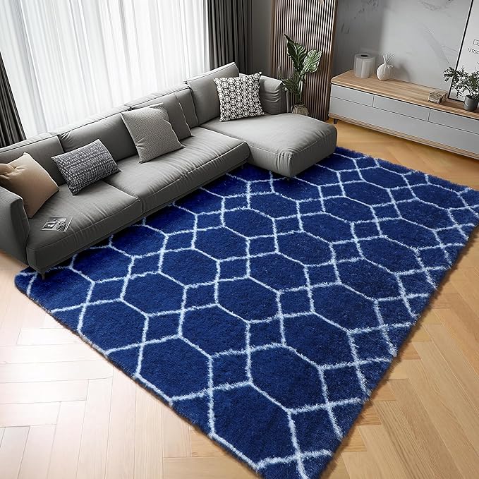 5x7 Area Rugs for Living Room Boys Bedroom, Fluffy Navy Blue and White Rug | by ONASAR