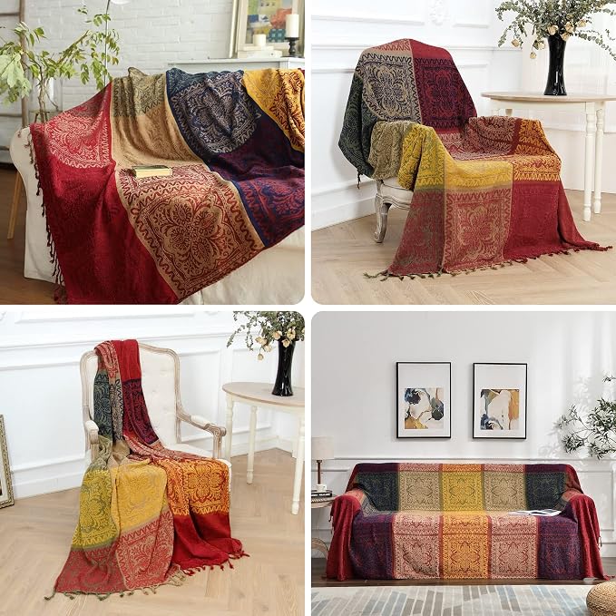 Bohemian Throw Blanket Hippie Chenille Jacquard Tassels Soft Chair Cover - Image 3