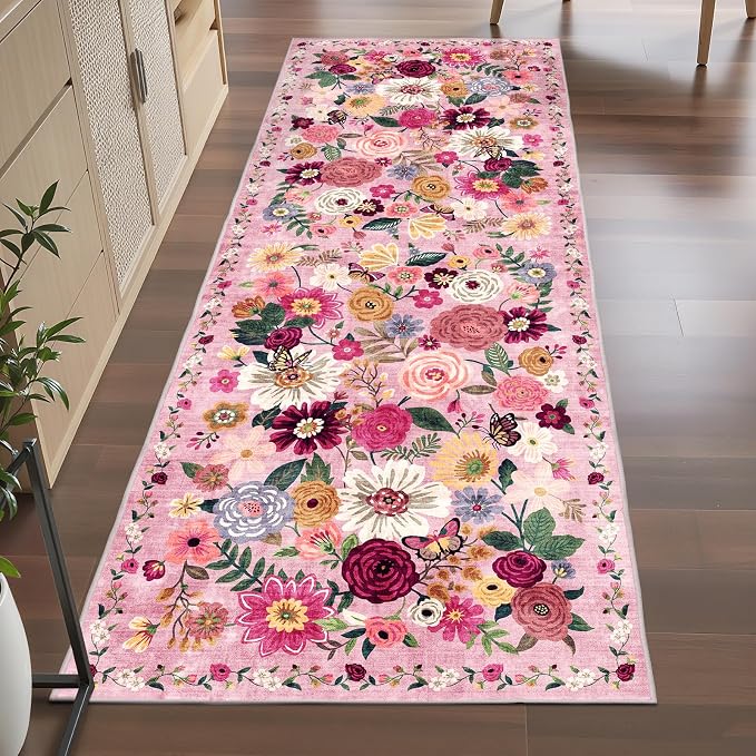 Pink Floral Hallway Runner Rug 2x6 by WelcometoBabovid