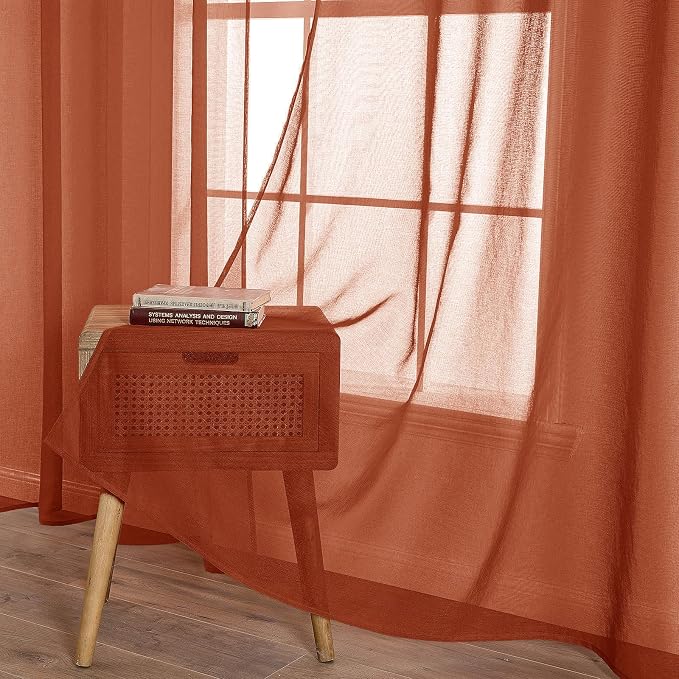 MIULEE Boho Fall Terracotta Linen Textured Sheer Curtains 42W×84L 2 Panels | - Image 2