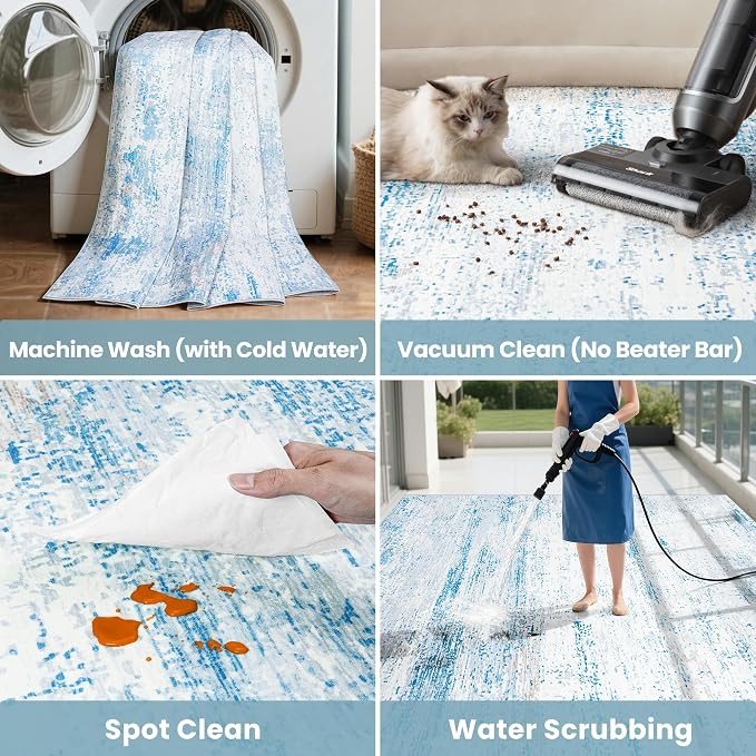 9x12 Washable Area Rug for Living Room Bedroom: Non-Slip Modern Light Blue | - Image 6