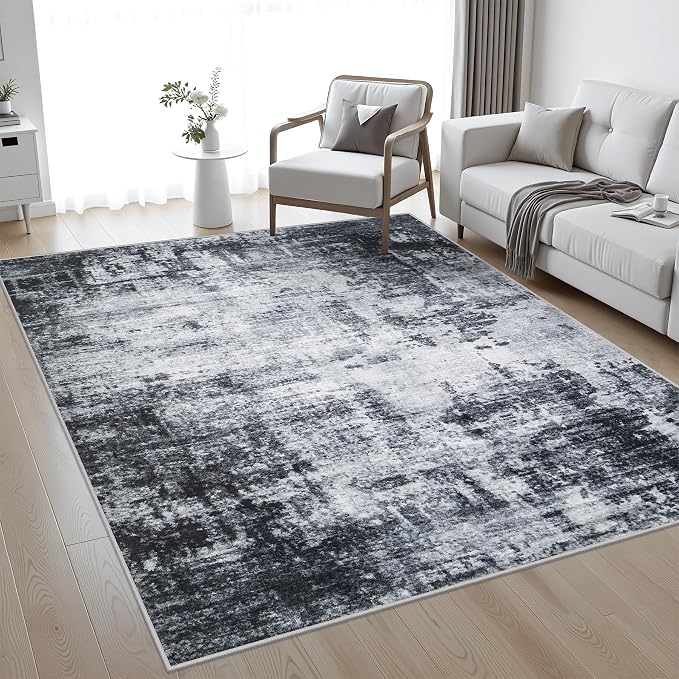 5x7 Area Rug Living Room: Modern Washable Soft Carpet Dark Black | by FXRHLP