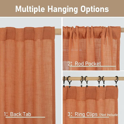 Burnt Orange Linen Boho Curtains 80 inch Length 2 Panels - Image 3
