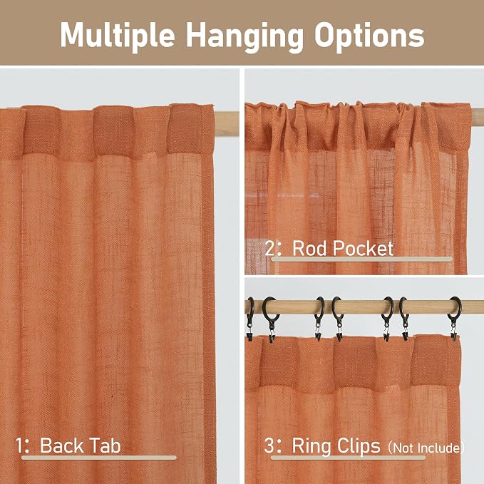 Linen Curtains 48 Inch Length Semi Sheer Light Filtering 2 Panels | Linen - Image 3