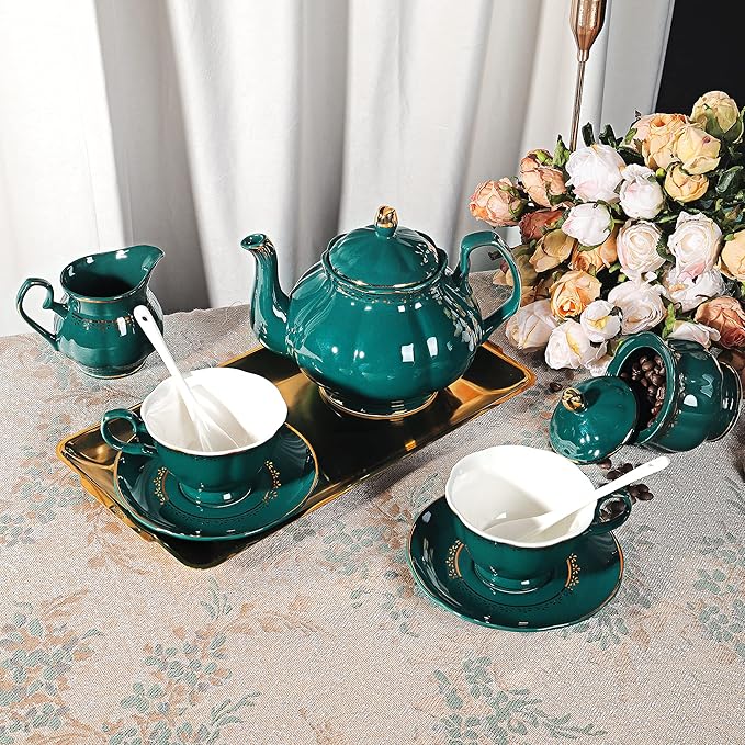 fanquare 21 Piece Vintage Porcelain Tea Set, Green with Gold Trim Fine China Tea Sets for Party, Teapot with Tea Cup and Saucers Set for 6, Christmas Gifts