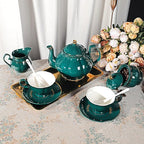 fanquare 21 Piece Vintage Porcelain Tea Set, Green with Gold Trim Fine China Tea Sets for Party, Teapot with Tea Cup and Saucers Set for 6, Christmas Gifts