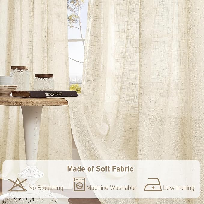 Short Linen Window Curtains 30 Inches Long 2 Panels, 34 x 30 Inch | Beige - Image 8