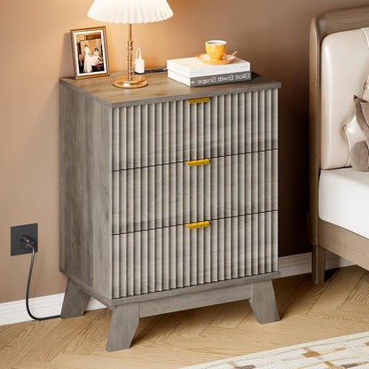 BORNOON 30.5" Nightstand with Charging Station, 3-Drawer Fluted Bedroom Chest - Image 6