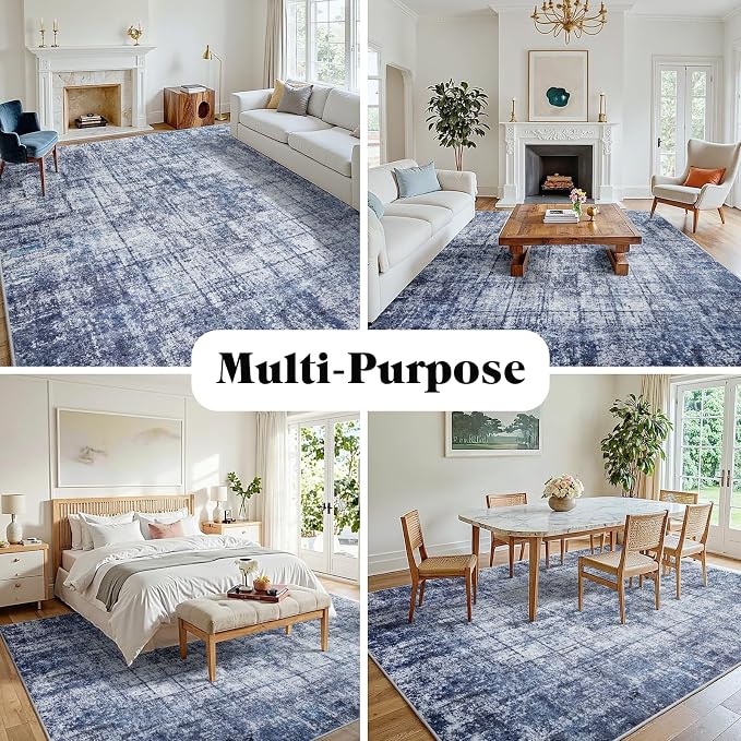 8x10 Washable Area Rug for Living Room Bedroom: Non-Slip Modern Navy Blue | - Image 3