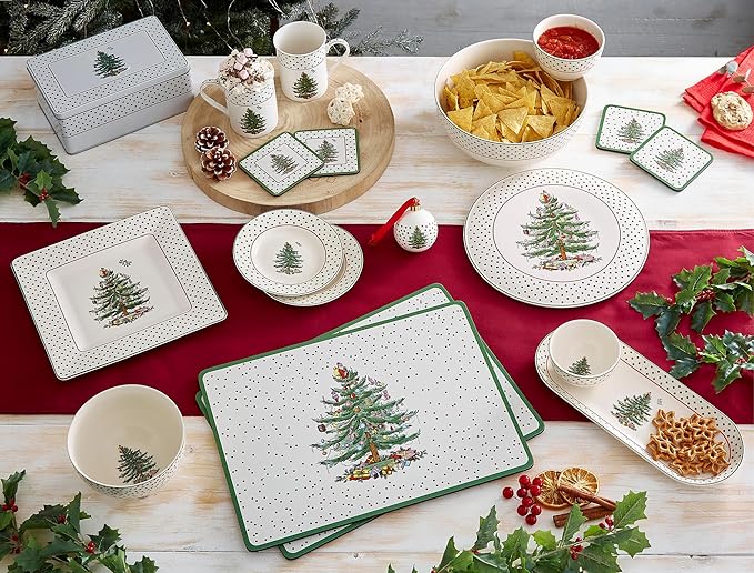 Spode Christmas Tree 6" Polka Dot Tidbit Plates (Set of 4) - Round Appetizer Plates with Festive Polka Dot Border - Dishwasher, Microwave & Freezer Safe Porcelain for Holiday Entertaining