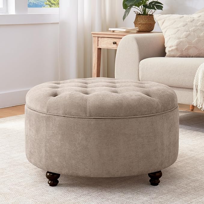 HUIMO 30-Inch Round Storage Ottoman, Modern Button Tufted Coffee Table by HUIMO