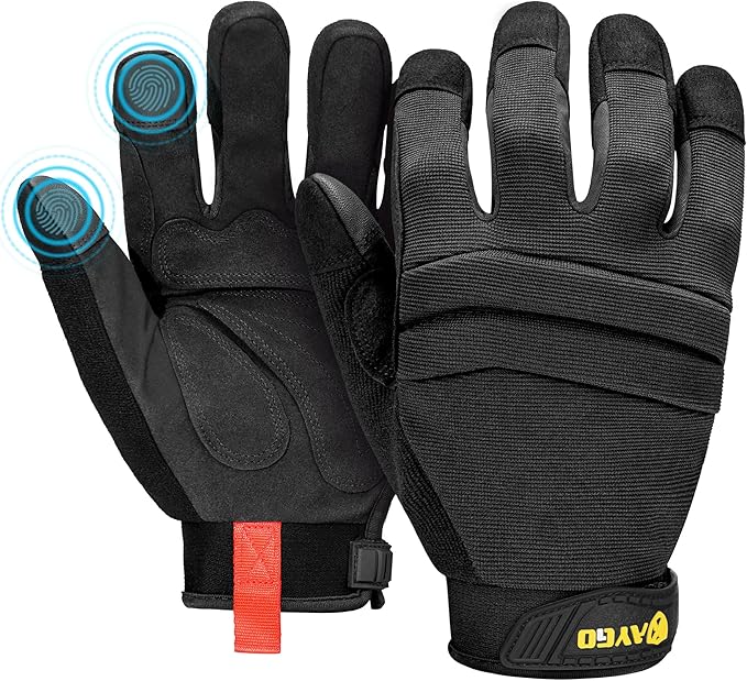 KAYGO Work Gloves For Men, KG125M Mechanic Utility Work Gloves for All Purpose, Excellent Grip, Heavy Duty, Improved Dexterity, Touch Screen,Black，XL