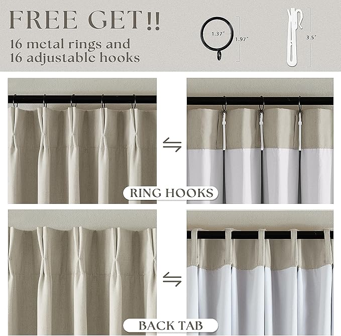 Oatmeal Beige Pinch Pleated 100% Blackout Linen Bedroom 96 Inch Curtains | - Image 6