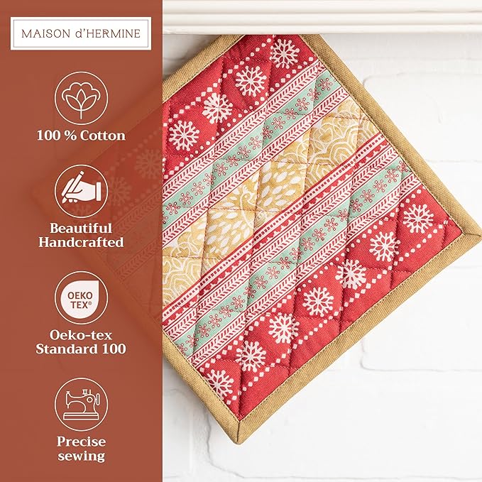 Maison d' Hermine Pot Holders Set 100% Cotton Heat Resistant Potholders 8" x 8" Hot Pads with Loop BBQ, Cooking, Baking, Grilling, Kitchen, Handling Hot Pans (Pack of 2, Sofia)
