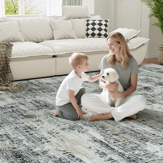 9x12 Washable Area Rug for Living Room Bedroom: Non-Slip Modern Black Gray | - Image 7