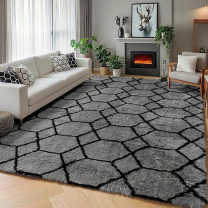 5x7 Area Rugs for Living Room Bedroom, Fluffy Grey and Black Geometric Rug | by ONASAR