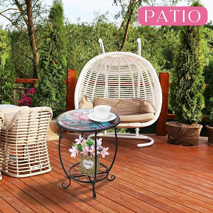 Cinnvoice Outdoor Side Table Round Small Mosaic Patio Accent Indoor End Plant - Image 5