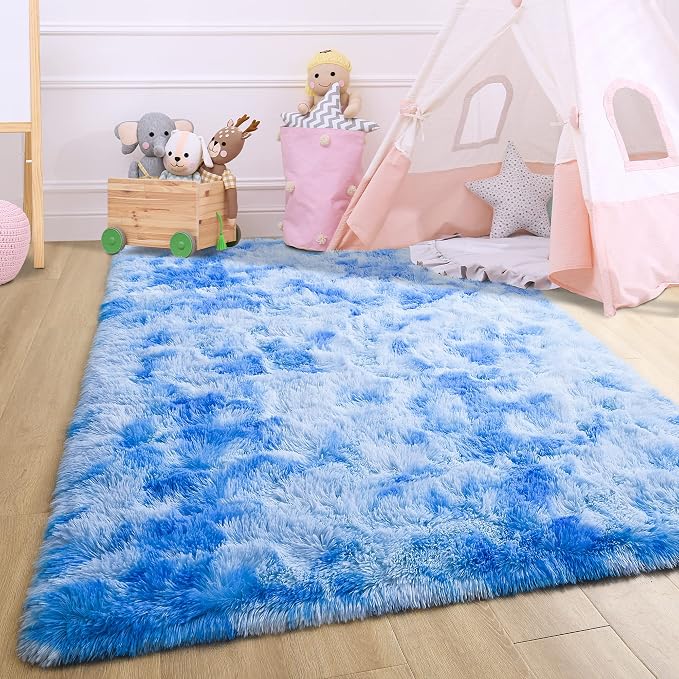 4x6 Tie-Dyed Blue Fluffy Soft Area Rug Non-Slip - Image 6