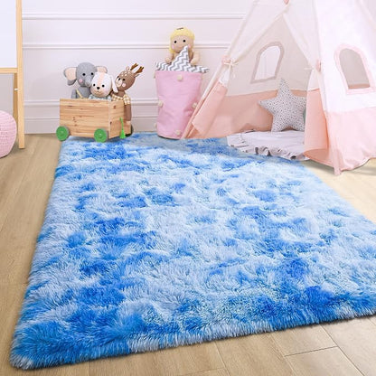 4x6 Tie-Dyed Blue Fluffy Soft Area Rug Non-Slip - Image 6