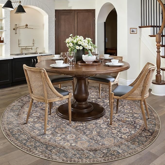 4ft Round Brown Blue Vintage Floral Washable Rug - Image 3