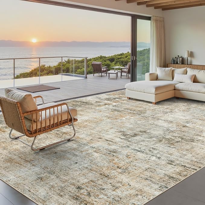 Soalmost Abstract Rug 8x10 Large Living Room Rugs Washable Orange/Brown | by Soalmost