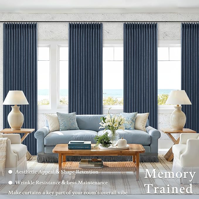 Navy Blue Pinch Pleated Linen Blend Full Blackout Curtains 86 Inch Length | - Image 6