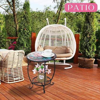 Cinnvoice Outdoor Side Table Round Small Mosaic Patio Accent Indoor End Plant - Image 2