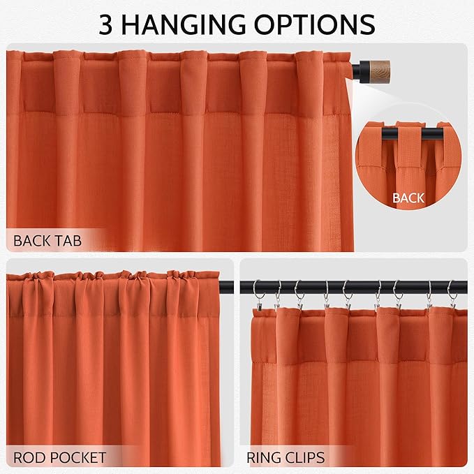 Bright Orange Linen Blend Light Filtering Back Tab Curtains 102 Inches Long - Image 3
