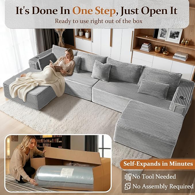 138" Oversized Cloud Sectional Couch, Comfort U Shaped Boneless Couch - Image 3
