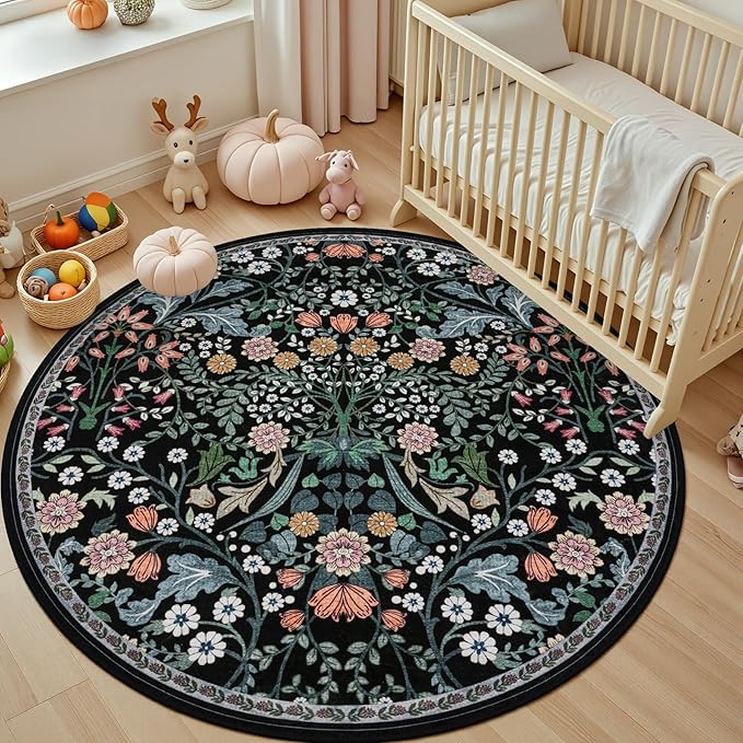 PLHXFR Round Area Rug Living Room: 6 ft Floral Washable Carpet Dark Black | - Image 5