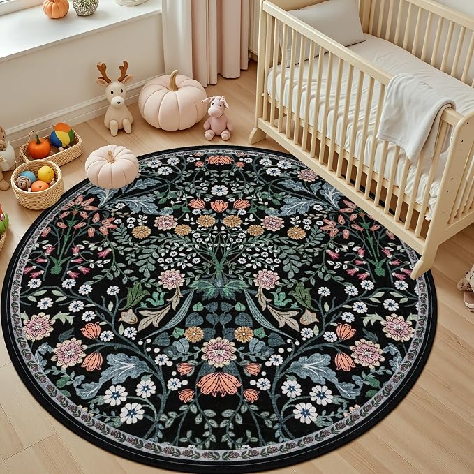 PLHXFR Round Area Rug Living Room: 4 ft Floral Washable Carpet Dark Black | - Image 5