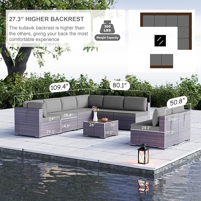 Kullavik 9 Pieces Outdoor Patio Furniture Set, Outdoor Sectional Rattan Sofa - Image 2