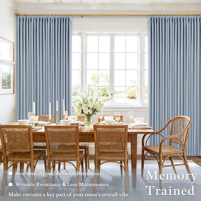 Light Blue Linen Memory Trained Black Out Pleated 105 Inch Curtains 2 Panel | - Image 2