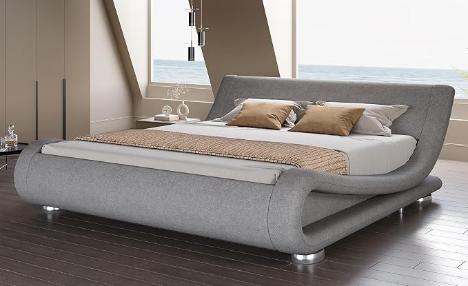 SHA CERLIN Full Size Upholstered Bed Frame, Deluxe Low Profile Sleigh Bed by SHACERLIN