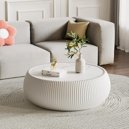 27.55" Round Marble Coffee Table, Modern Drum Coffee Cocktail Center Tables by Henf