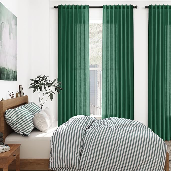 Dark Green Linen Curtains 84 Inch Length 2 Panels Set - Image 7