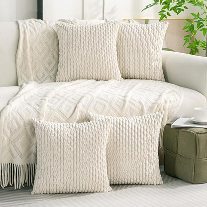 Set of 4 Cream White Decorative Throw Pillow Covers 24x24 Inch Corduroy Pillow - Image 9