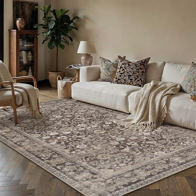 3x5 Coffee Brown Vintage Floral Washable Area Rug by HUGEAR