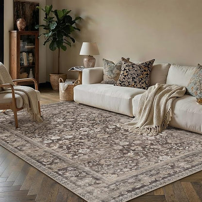 5x7 Coffee Brown Vintage Floral Washable Area Rug by HUGEAR