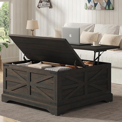 Furnideco 35.5''W Square Coffee Table Farmhouse Lift top Coffee Table - Image 3