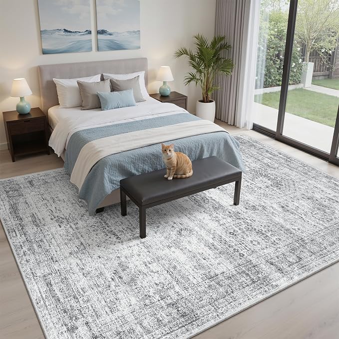 Soalmost 5x7 Area Rugs Grey Low Pile Washable Trendy Faded Style Rug | Vintage - Image 4